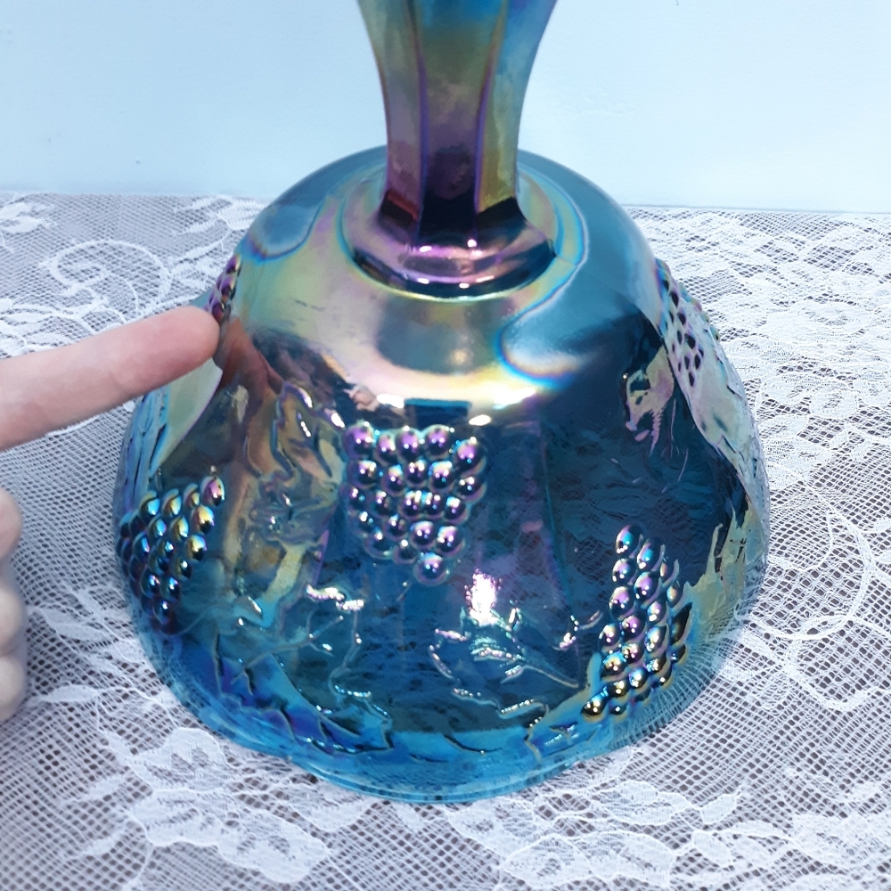 Indiana Blue Iridescent Carnival Glass Pedestal Compote Harvest Grape Purple Lid - Picture 4 of 16